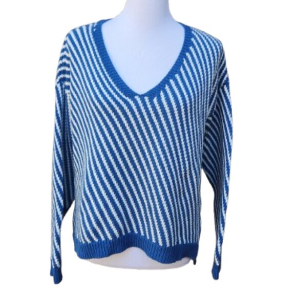 Dr. Bloom Diagonal Striped Sweater Blue White V-Neck Cotton Blend - Picture 1 of 12